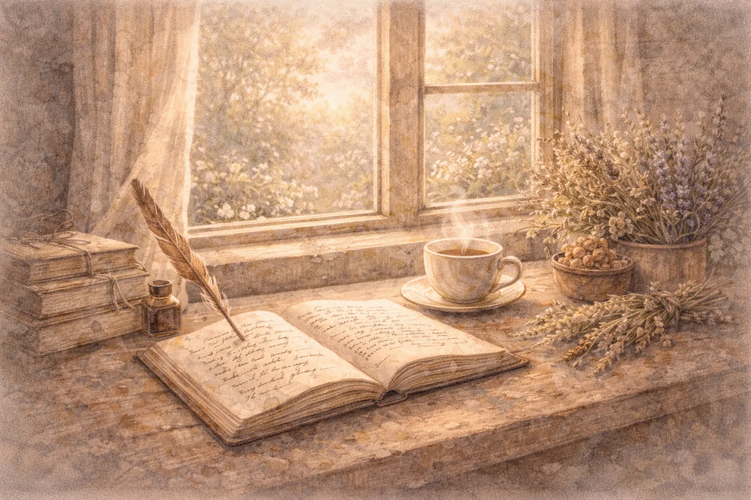 A writing desk with an open journal, quill pen, and steaming tea by a sunlit window