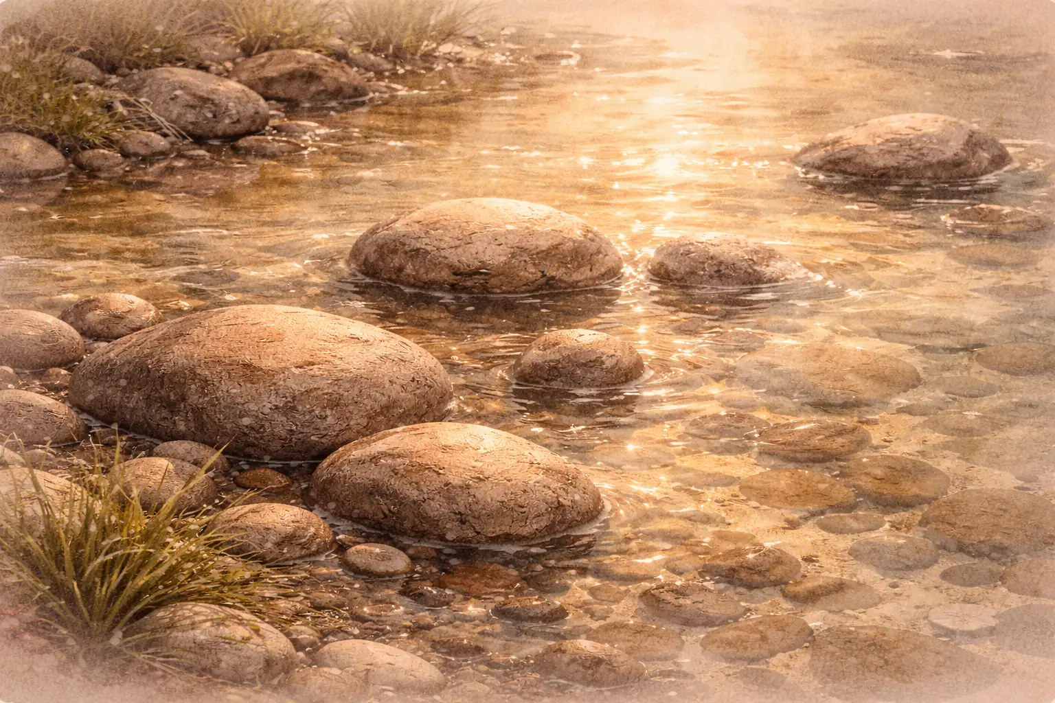 Smooth river stones in shallow water with warm morning light