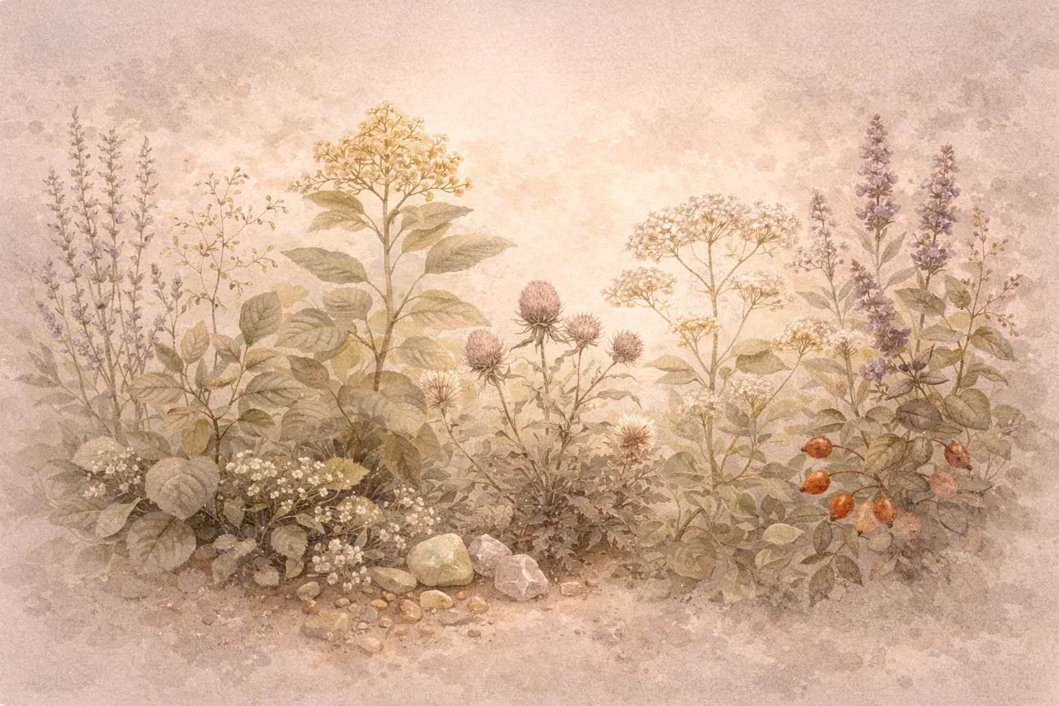 Various healing plants in soft botanical illustration
