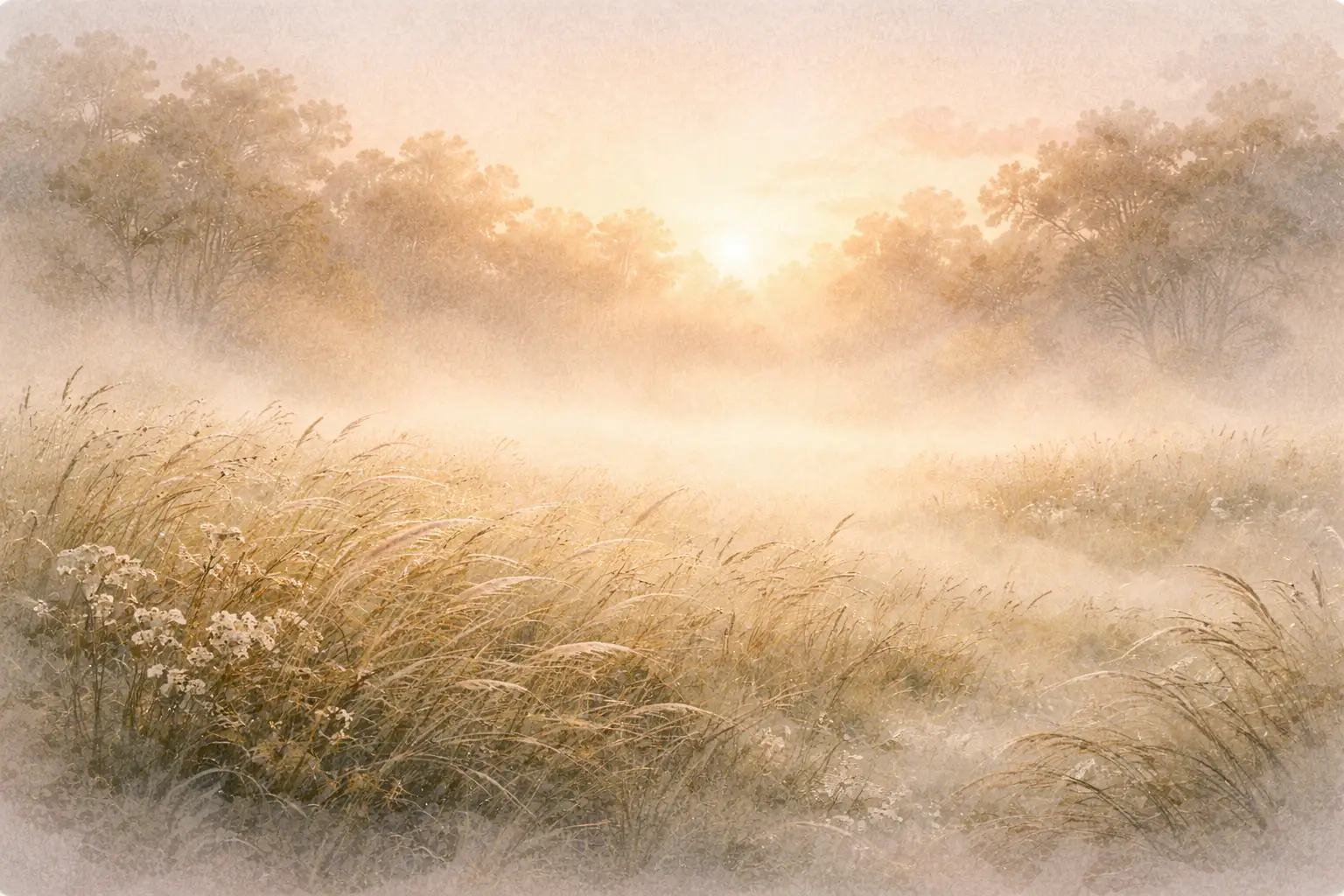 Morning mist over a meadow with soft diffuse golden light