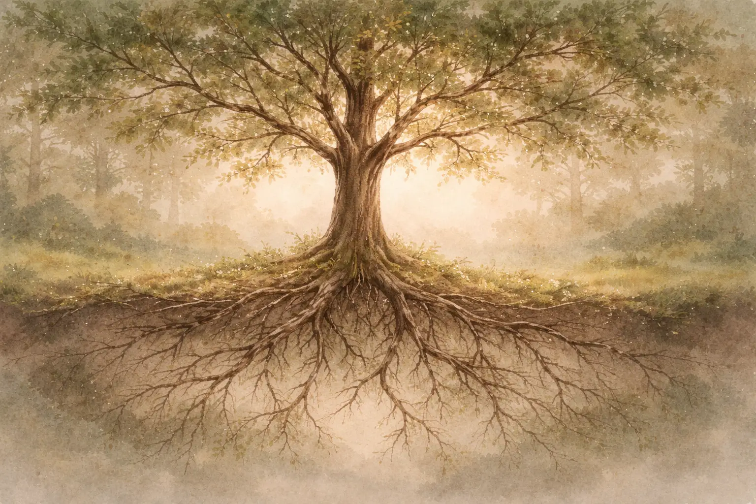A tree with visible root system in morning mist, roots mirroring branches