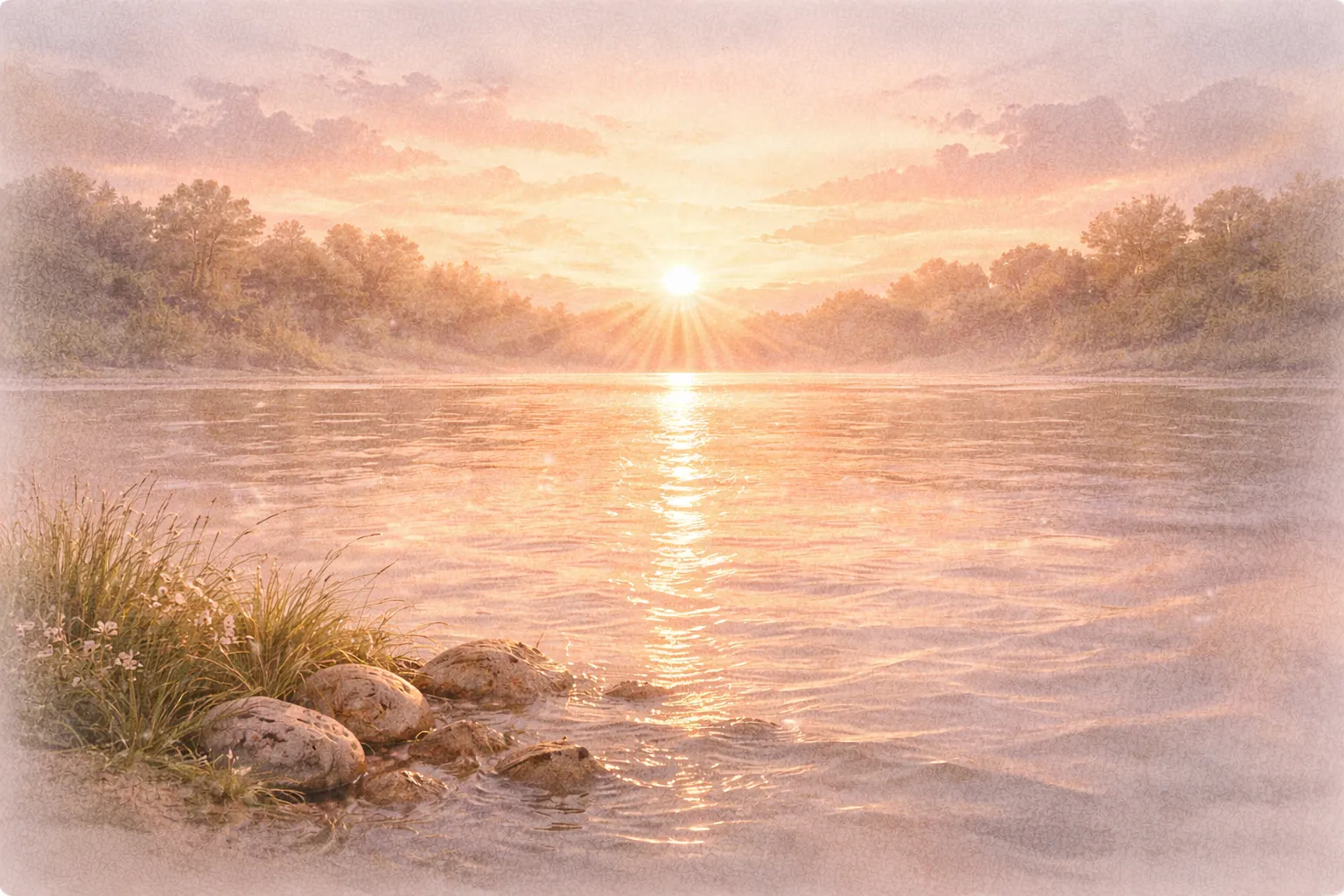 Sunrise over calm water, with grasses and stones along the near shore