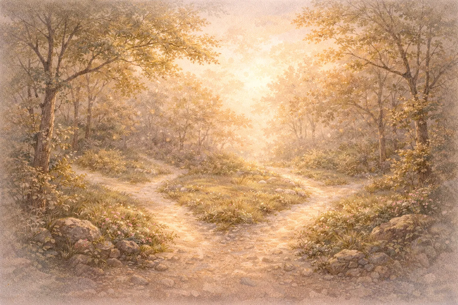 Forest path forking in two directions through sunlit woodland