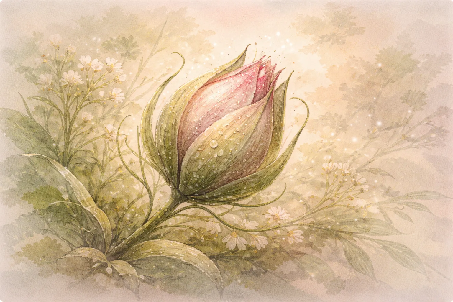 Dew-covered flower bud not yet open, surrounded by small white blossoms