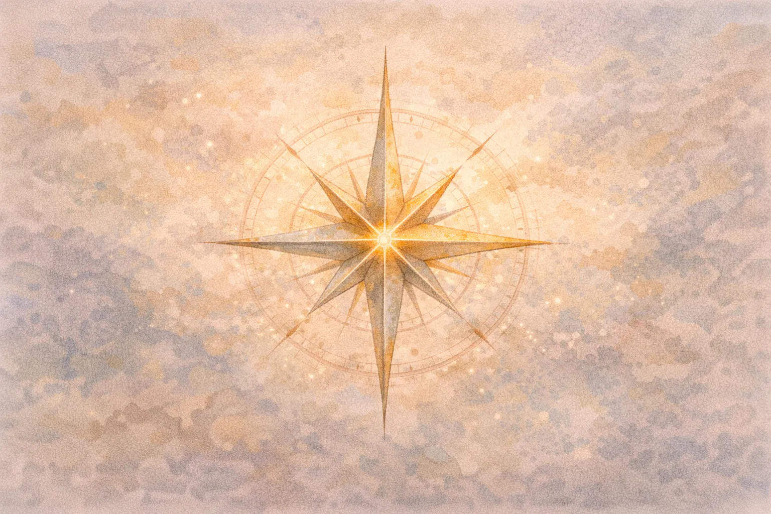 Compass rose with a glowing center, drawn on mottled parchment