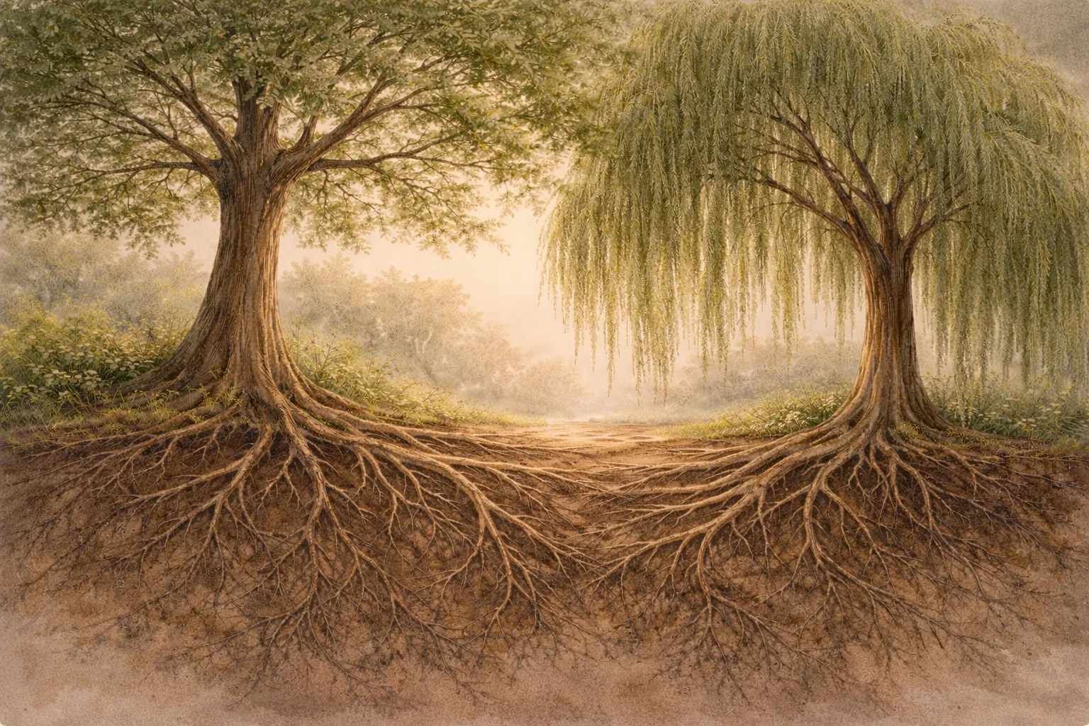 A sturdy oak and a graceful weeping willow growing side by side, their roots deeply entangled beneath the earth