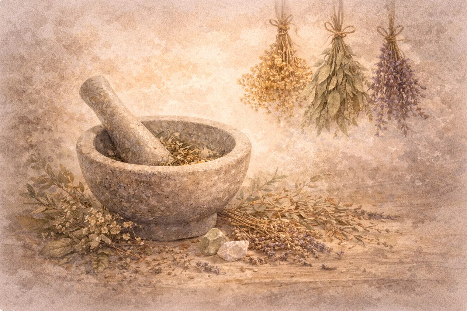 Stone mortar and pestle on a wooden table, dried herb bundles hanging above