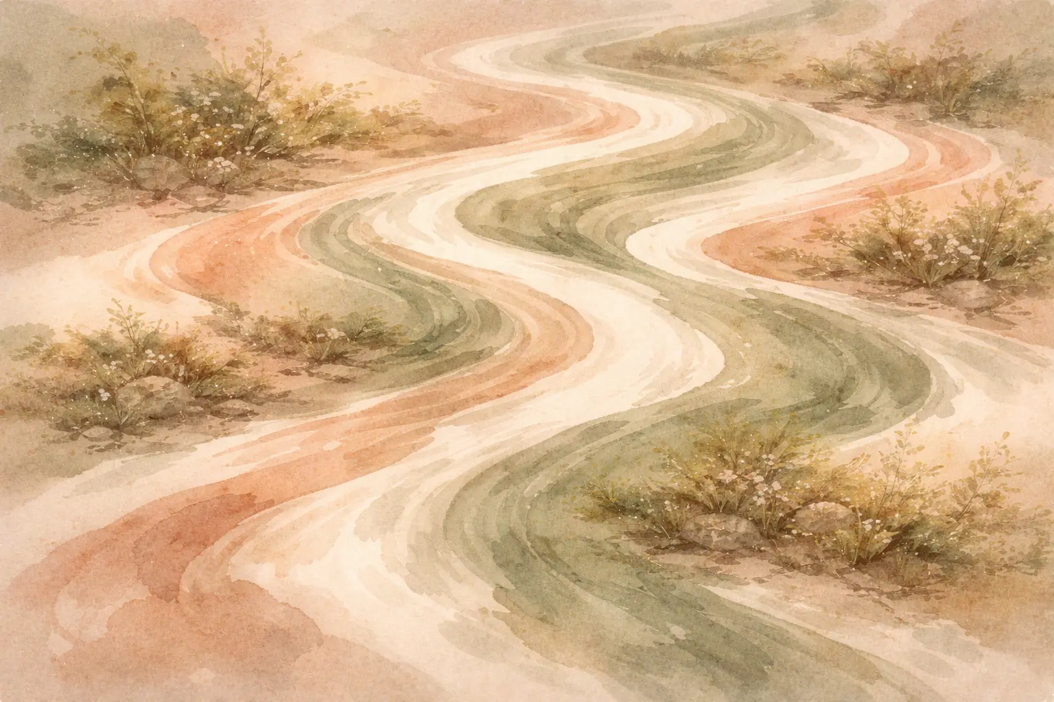 Abstract flowing rivers interweaving in warm coral and sage tones