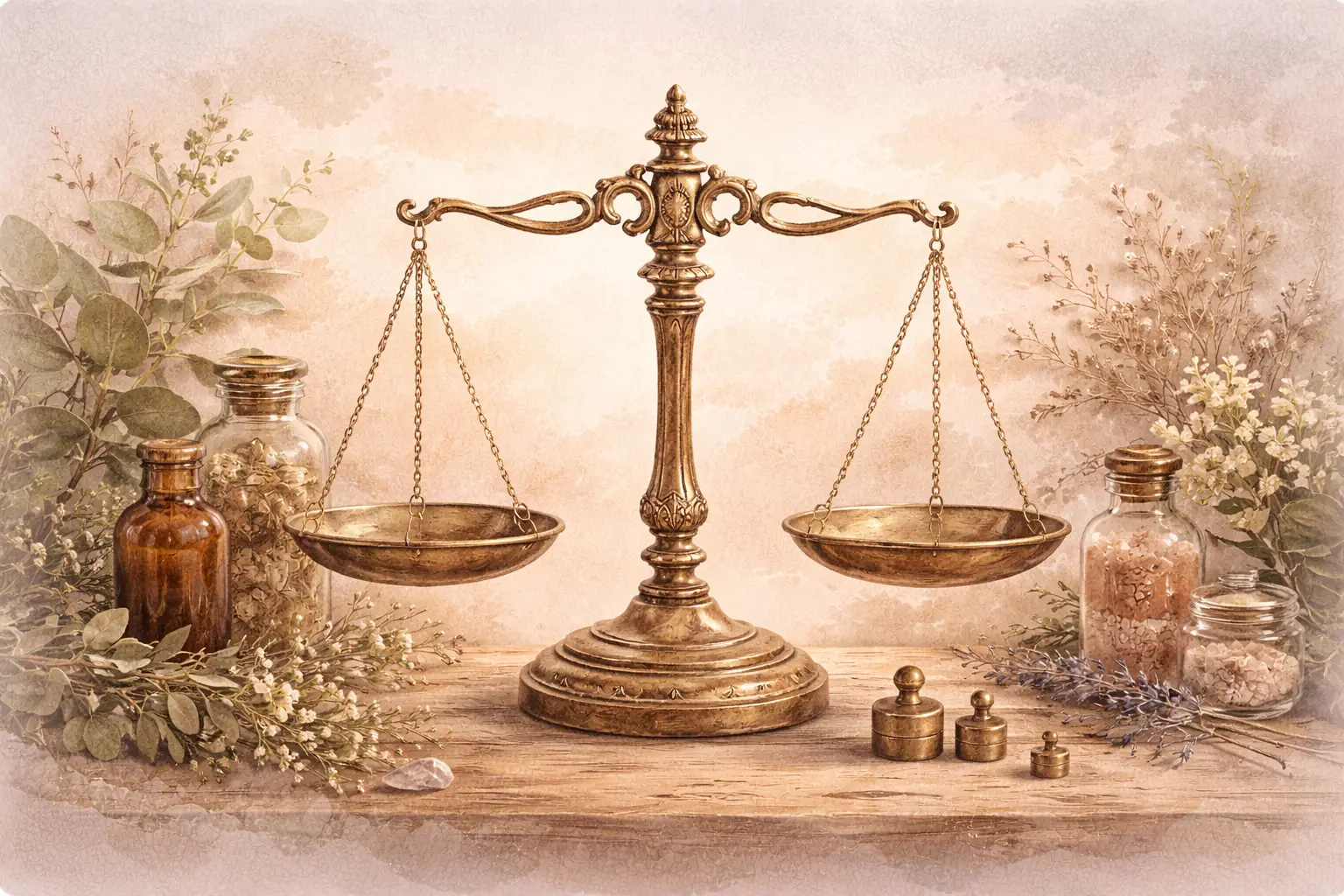 Old apothecary balance scale with brass dishes in soft gold tones