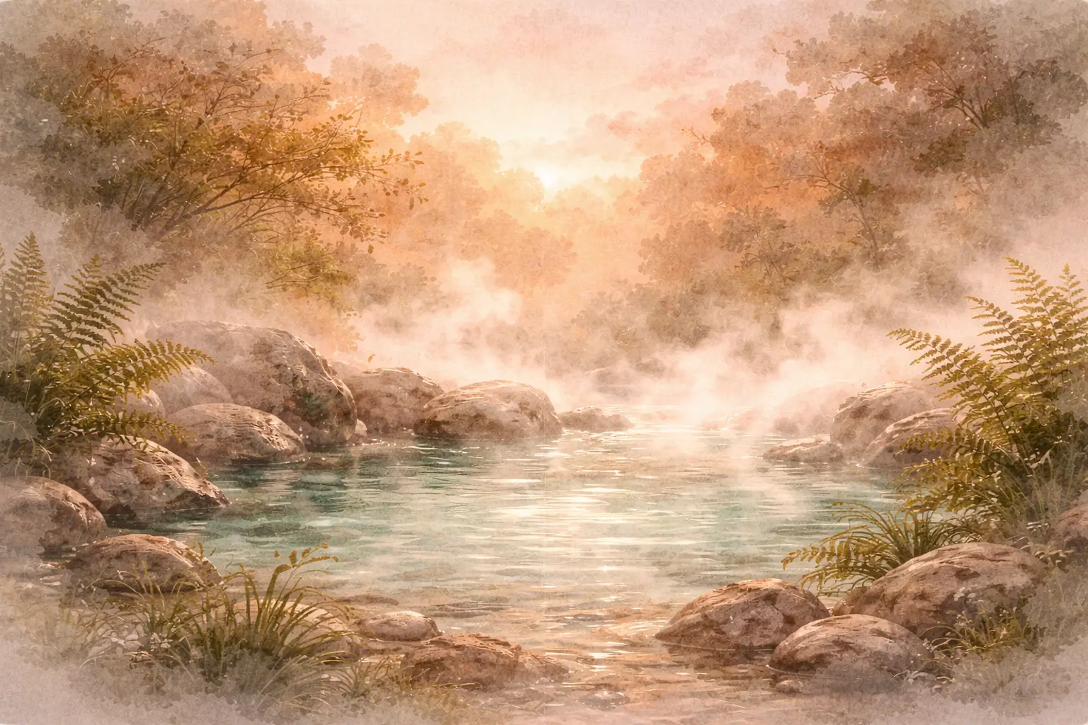 Steam rising from hot springs pool in morning light