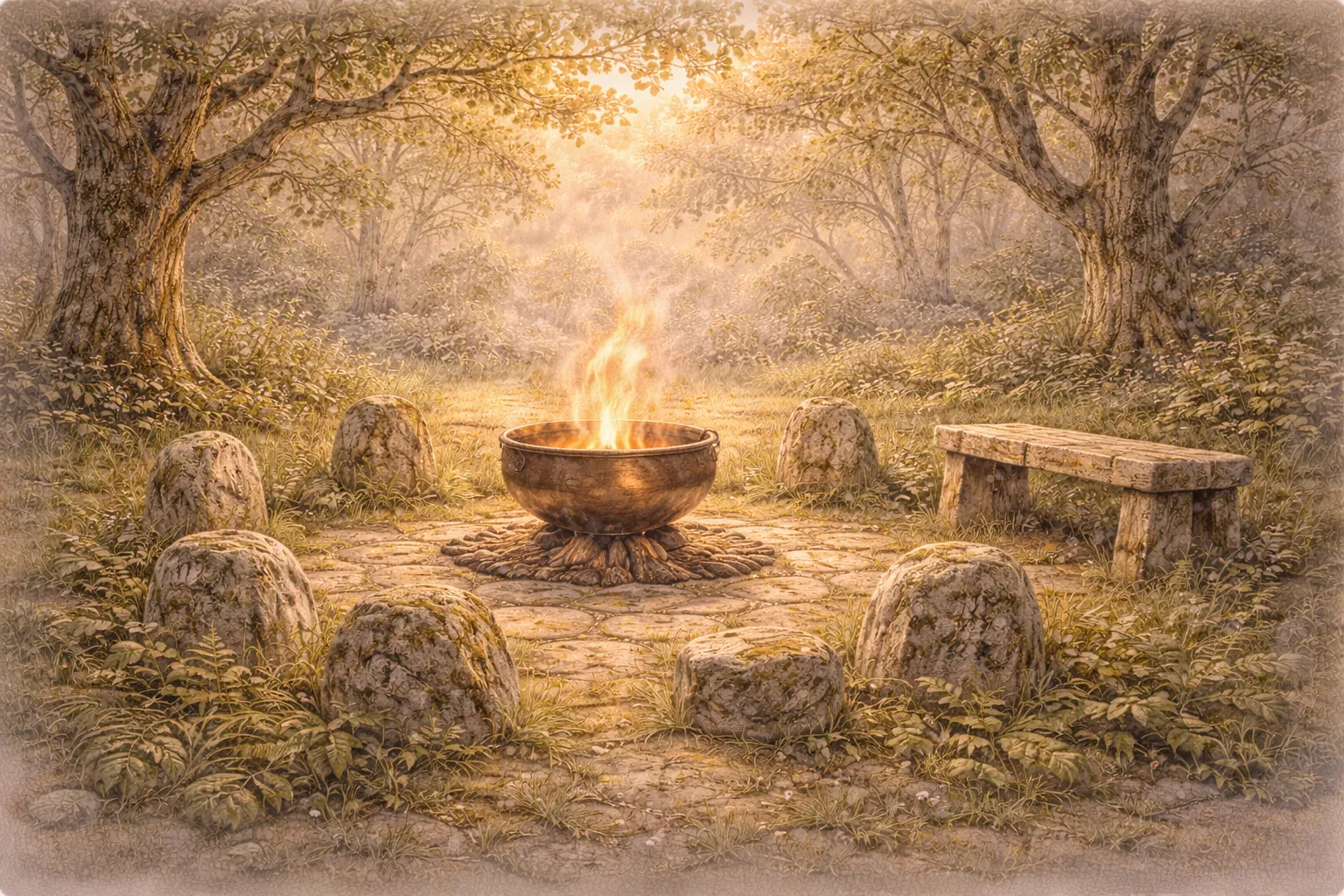 Brighid's sacred grove at Kildare - a copper brazier with eternal flame rising from within, surrounded by standing stones in an oak clearing