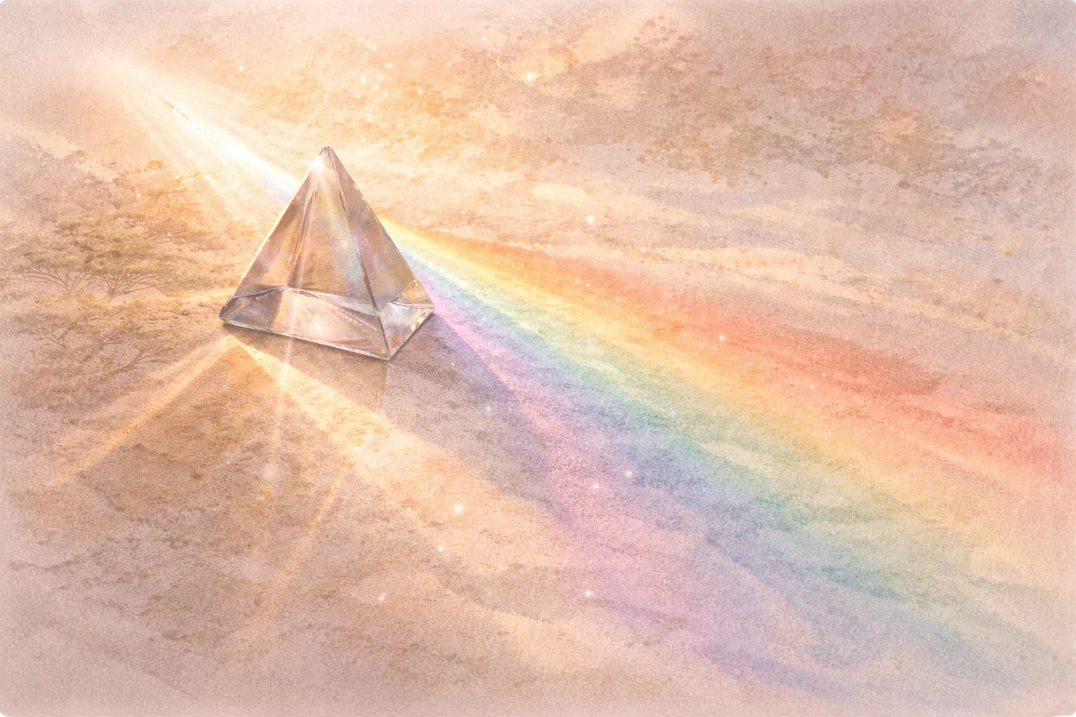 Glass prism splitting a beam of light into a rainbow