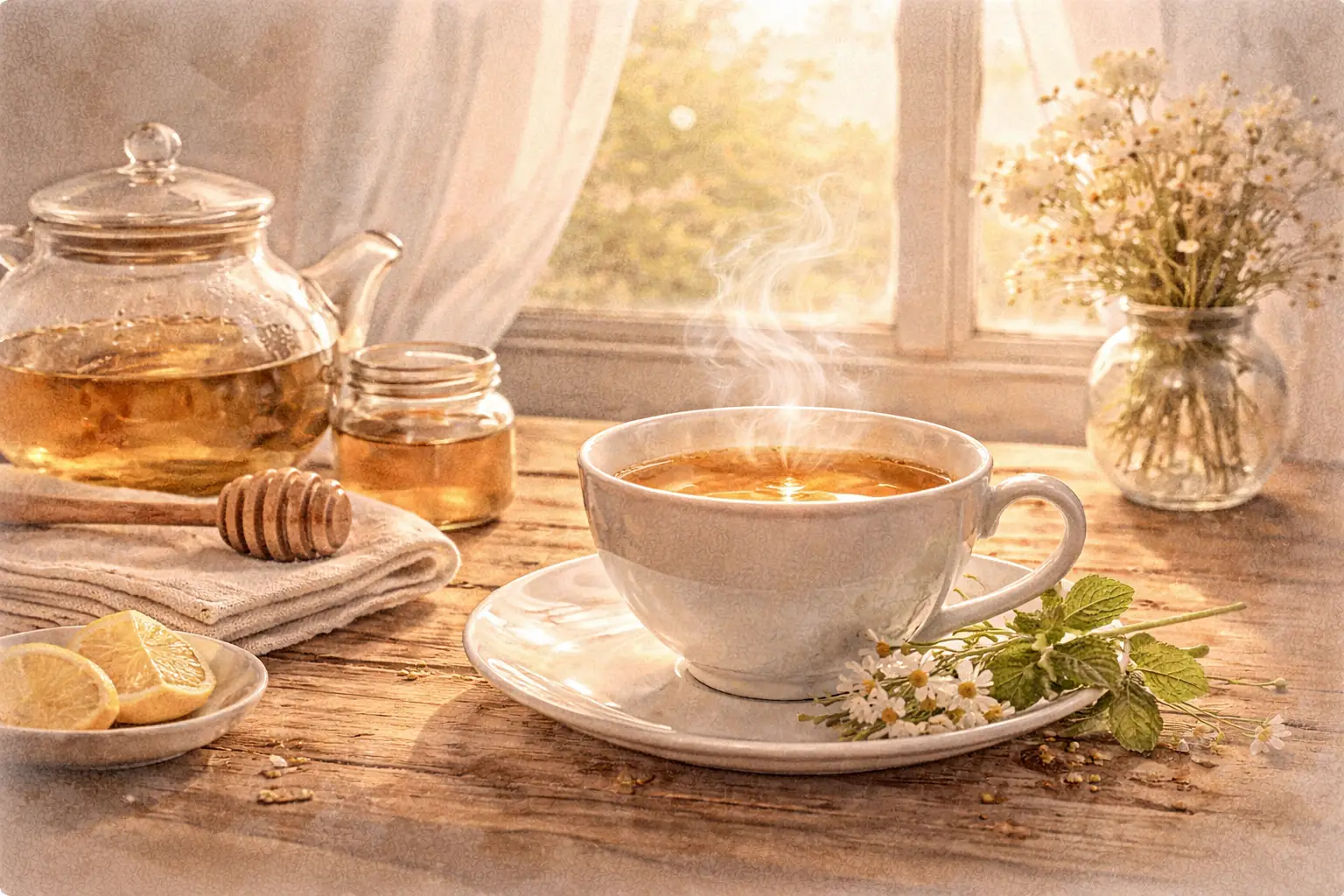 Cup of tea with morning light through window, steam rising gently