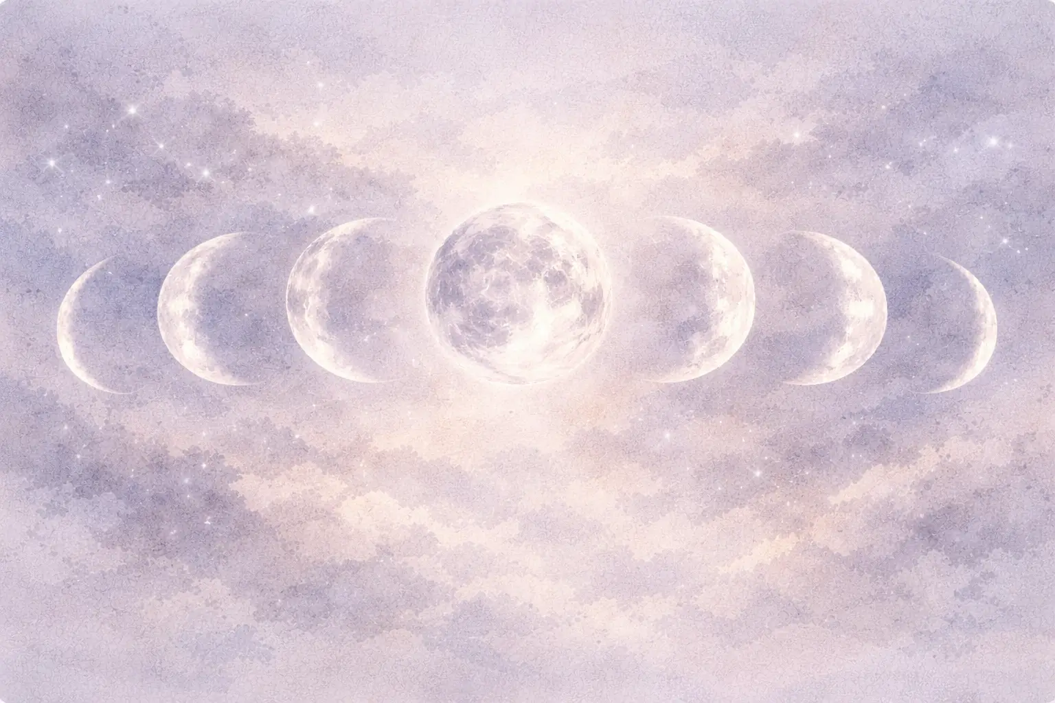 Moon phases in soft watercolor, silvers and soft purples