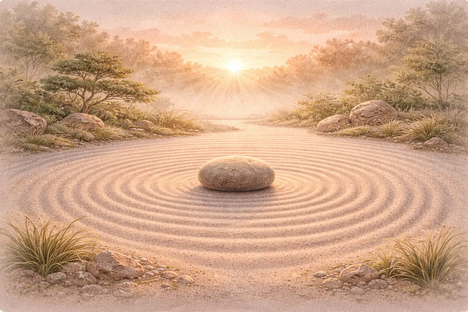 Zen garden with raked sand circles and smooth stone at center