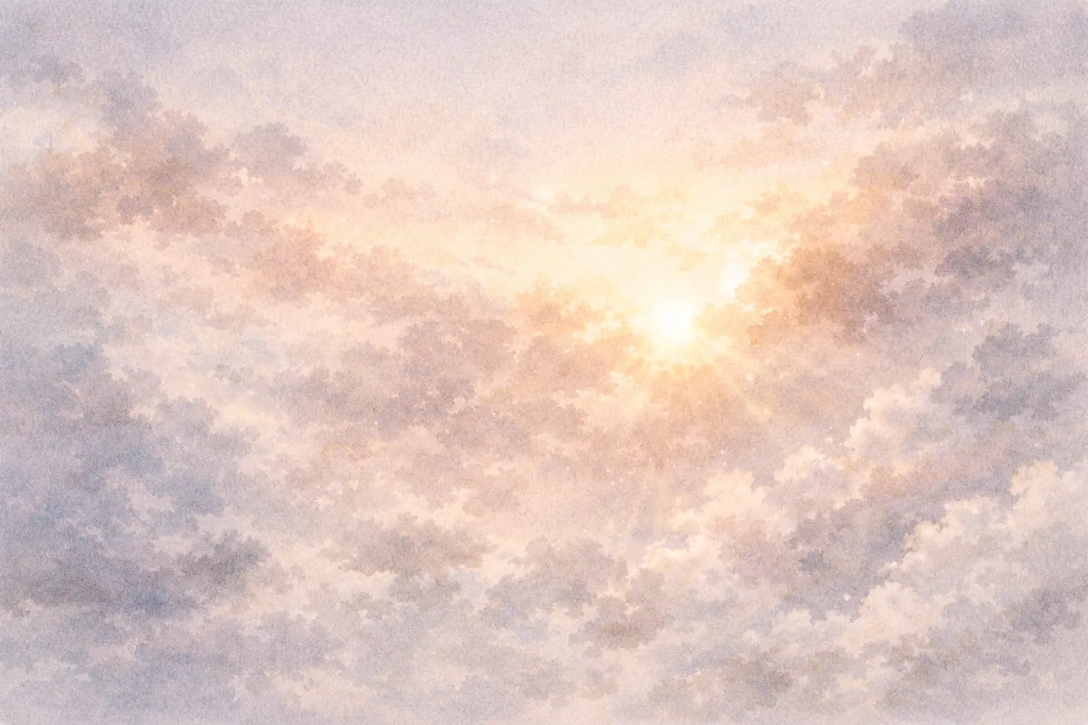 Soft watercolor sky with sun breaking through clouds