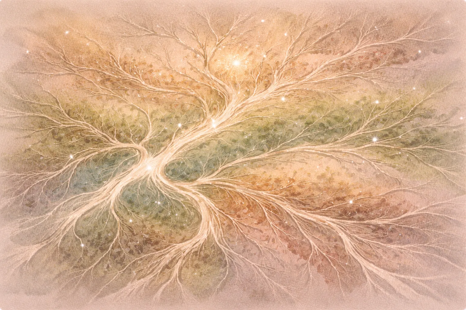 Branching network of pale limbs spreading symmetrically, lit with points of starlight
