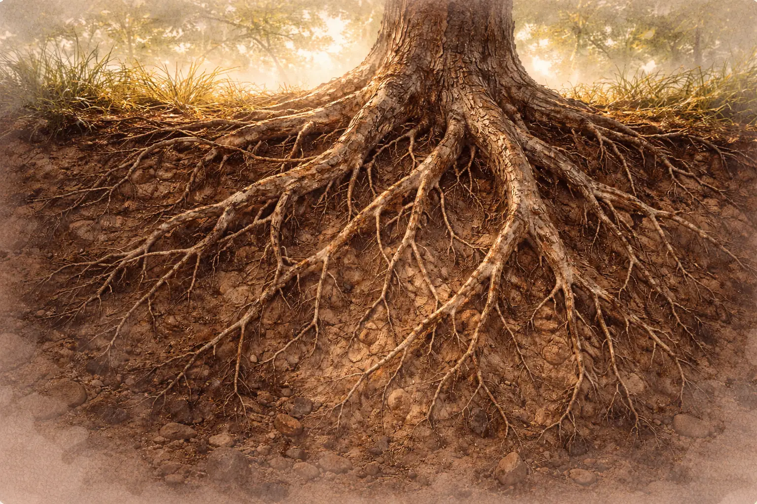 Tree root system reaching deep into earth