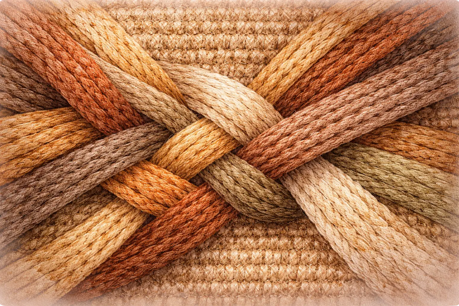 Woven tapestry with threads in varied earth tones intertwining