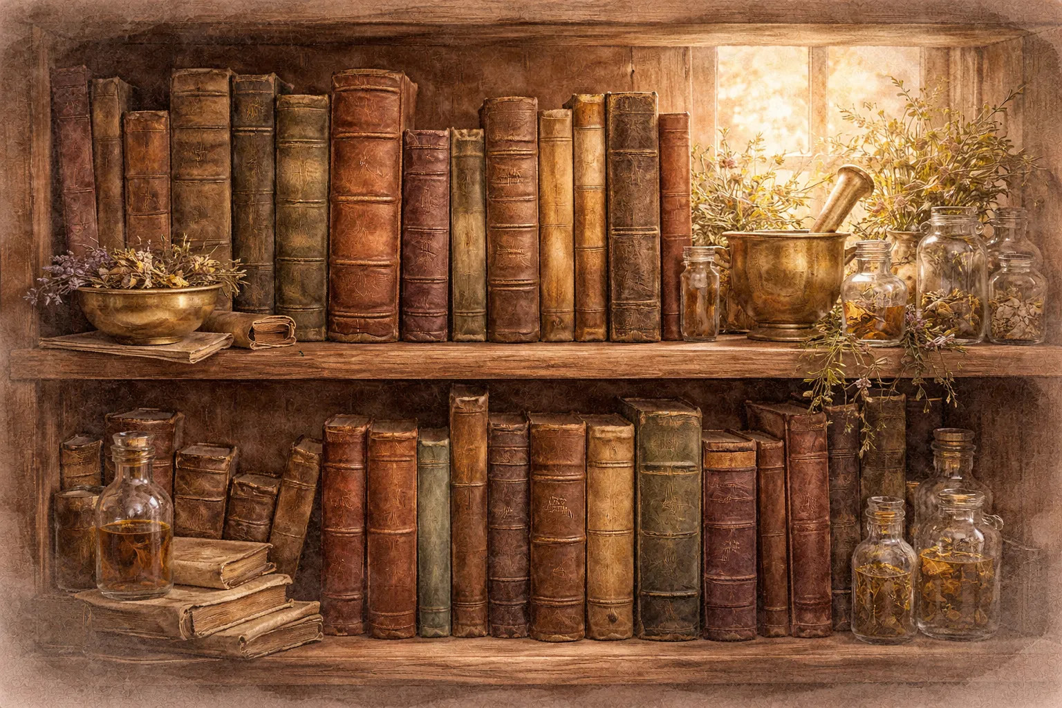 Shelves of old books beside a brass mortar and jars of dried herbs