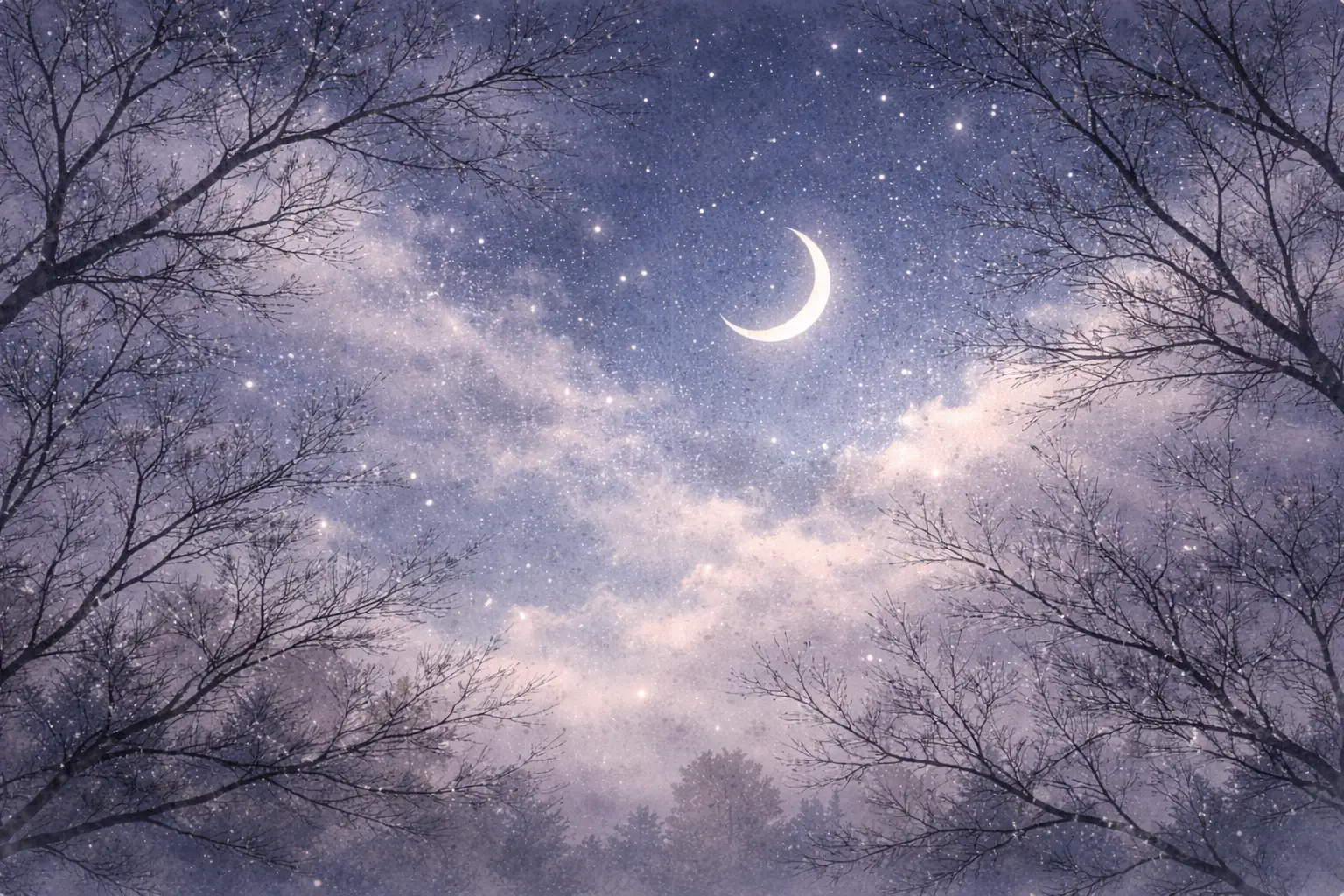 Night sky glimpsed through bare branches with crescent moon