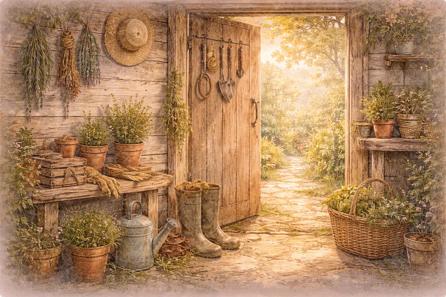 Open garden shed door with drying herbs, clay pots and boots, a sunlit path beyond
