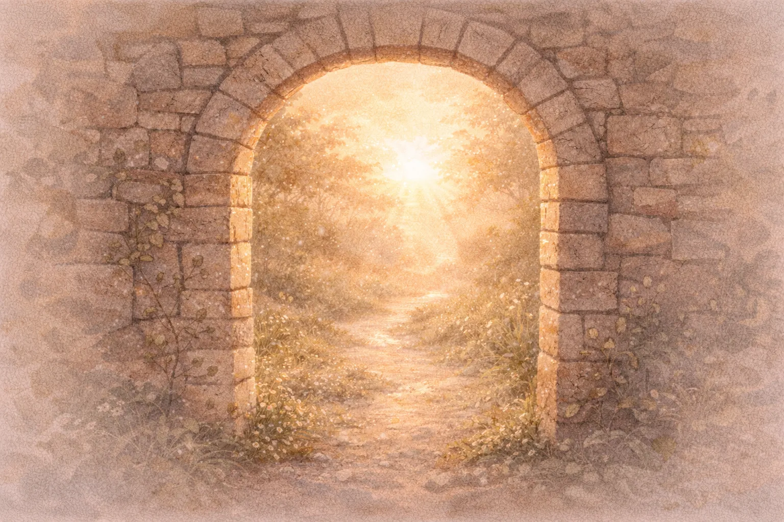 Weathered stone archway opening onto a sunlit garden path