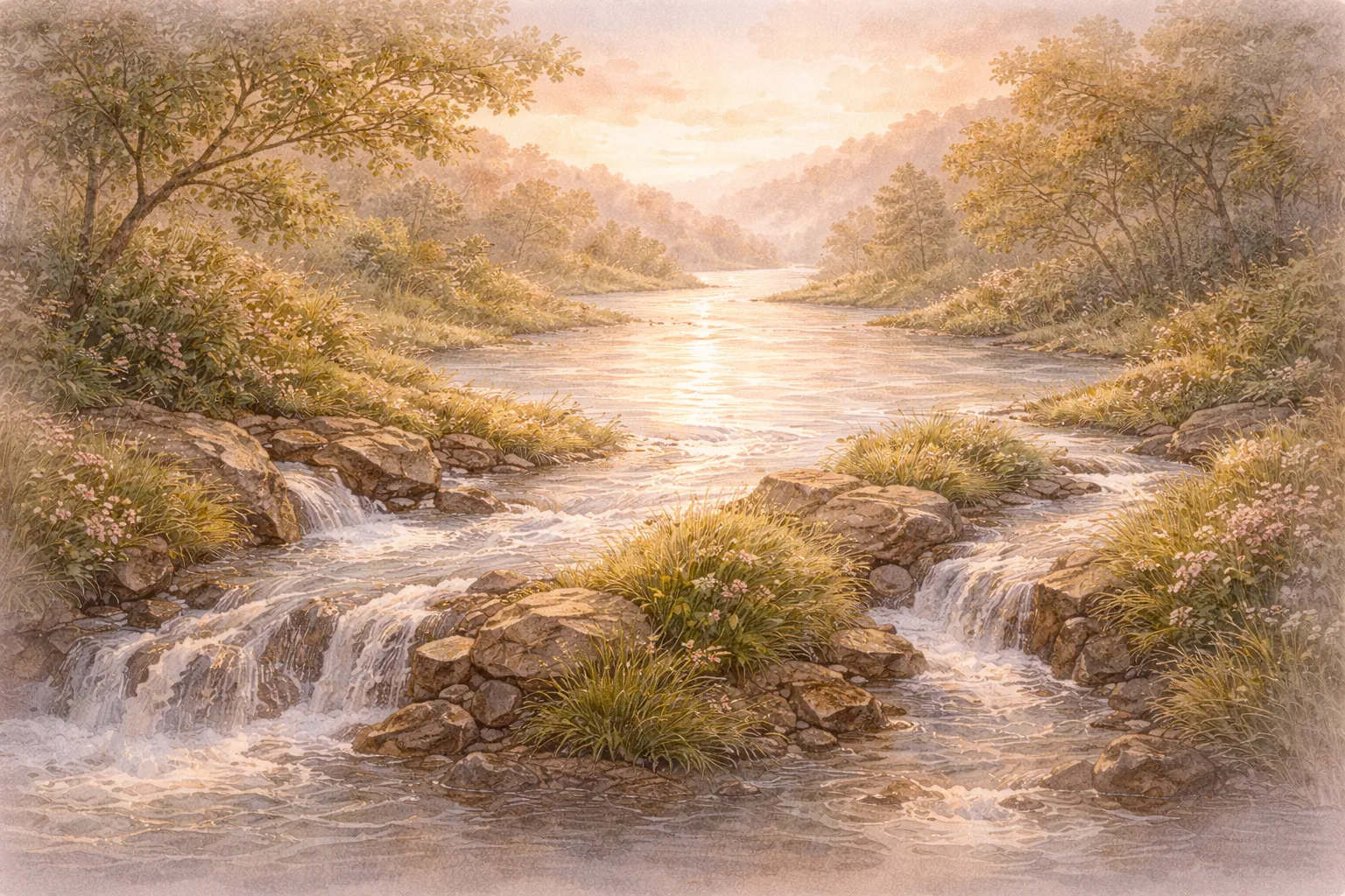 River winding through hills at sunrise, small waterfalls spilling over rocks