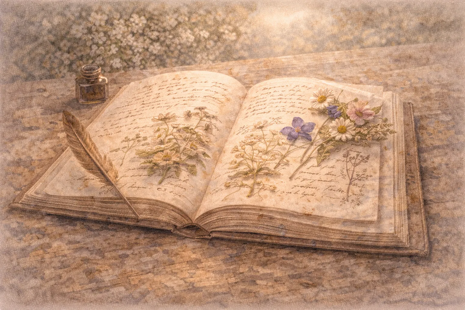 Naturalist's field journal with botanical sketches, handwritten observations, and pressed flowers