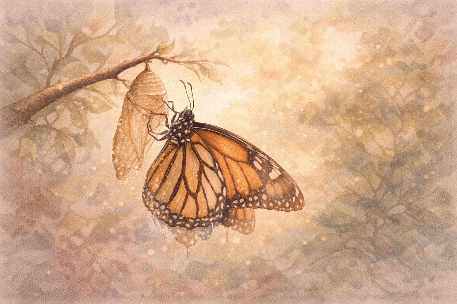 Monarch butterfly newly emerged, resting beside its empty chrysalis on a branch